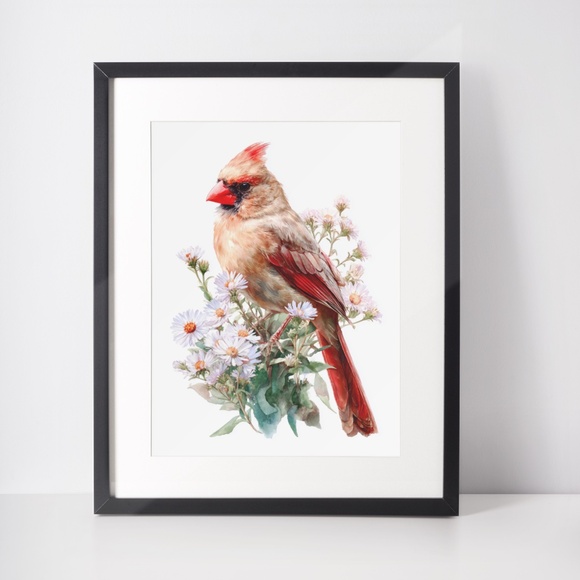 Watercolor Female Cardinal Bird with Flowers Wall Art Print Unframed - Picture 3 of 6